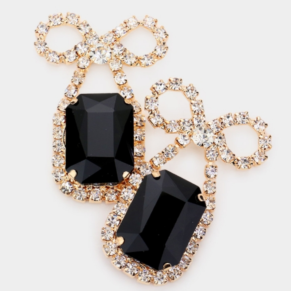 Rhinestone Bow Emerald Cut Stone Evening Earrings
